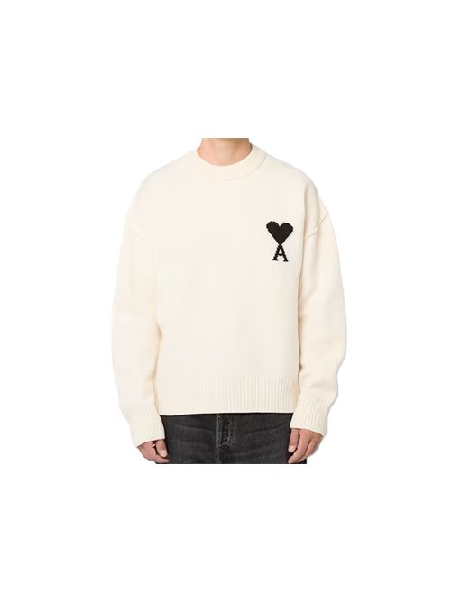Maglione girocollo Ami de Coeur in lana bianca Ami Paris | UKS838.018151 OFFWHITE/BLACK